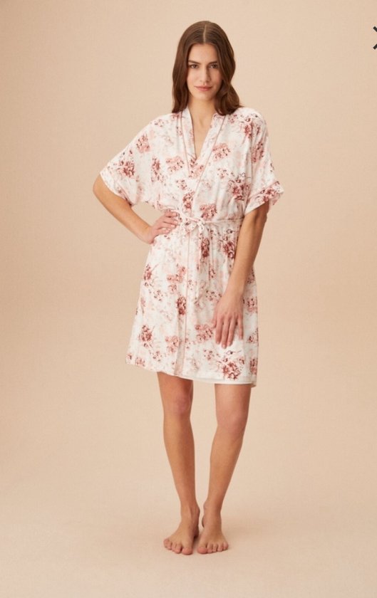 Suwen- Dames Ochtendjas / Kimono Lingerie- Sexy- Nachtkleding Bloemen Print Ecru Maat XL