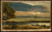 Kunst: John Constable, Dedham Church from Flatford, c. 1810, Schilderij op canvas, formaat is 30X45 CM