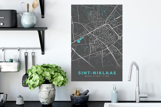 Muurstickers - Sticker Folie - België – Sint Niklaas – Stadskaart – Kaart – Blauw – Plattegrond - 40x60 cm - Plakfolie - Muurstickers Kinderkamer - Zelfklevend Behang - Zelfklevend behangpapier - Stickerfolie