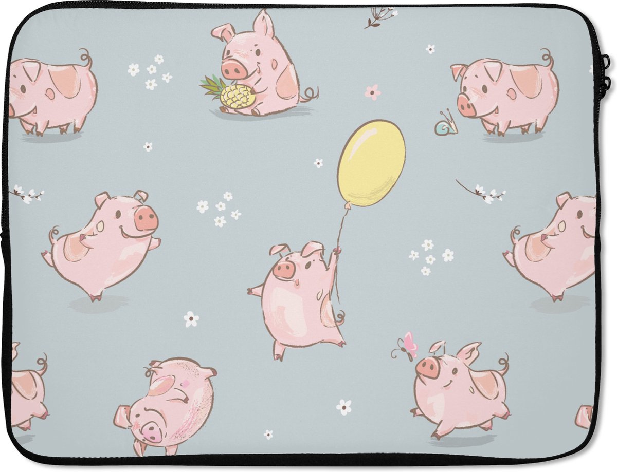 Laptophoes 15.6 inch - Patronen - Varkens - Ballonnen - Laptop sleeve - Binnenmaat 37x26 cm - Zwarte achterkant