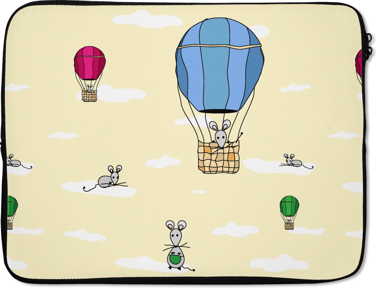 Laptophoes 17 inch - Patroon - Muis - Luchtballon - Laptop sleeve - Binnenmaat 41x28 cm - Zwarte achterkant
