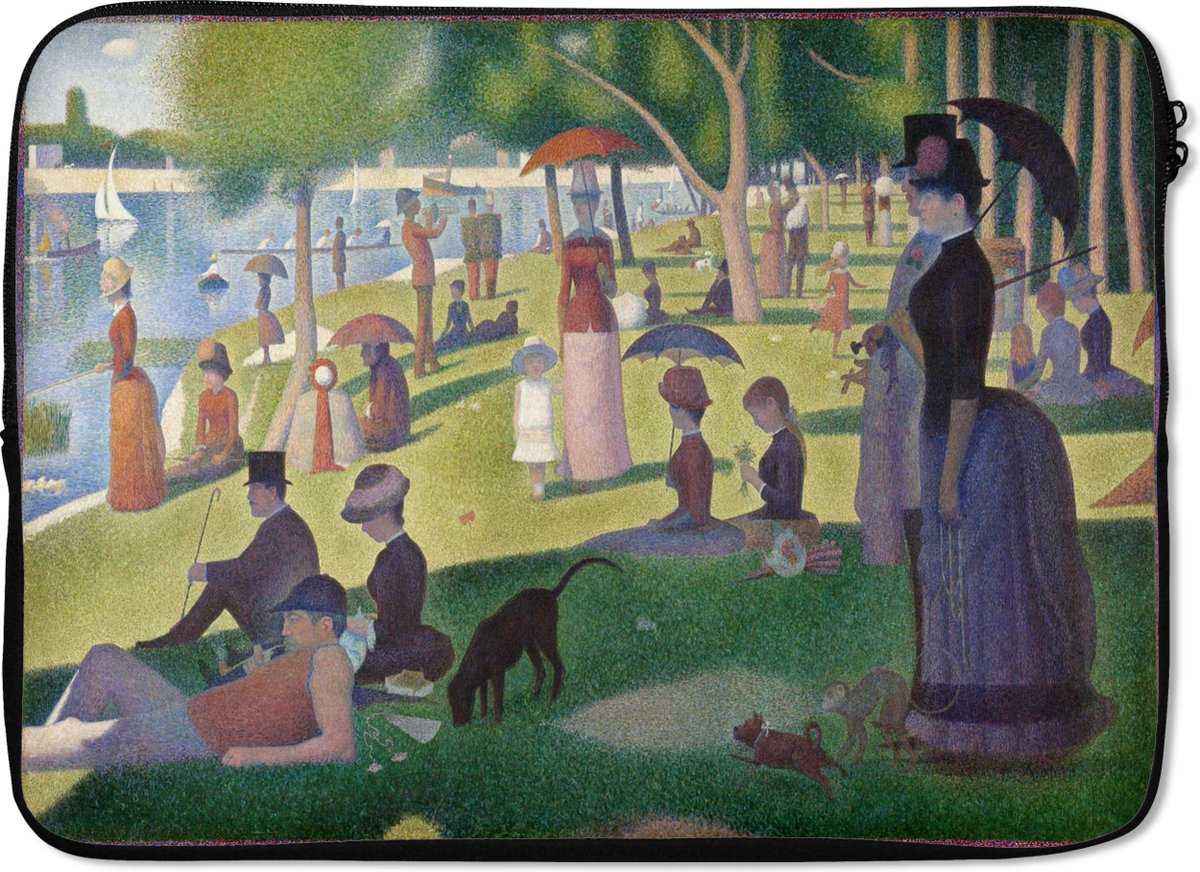 Laptophoes 14 inch - Zondagmiddag op het eiland van La Grande Jatte - Schilderij van Claude Monet - Laptop sleeve - Binnenmaat 33x23 cm - Zwarte achterkant