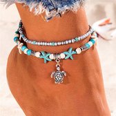Bracelet de cheville femme Tortue - Set de 2 - Bracelet de cheville perles multicouches - Avec pierres bleues - Étoile de mer - Perles - Turquoise