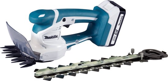 Makita gras- en buxusschaar met blauwe handgreep, witte behuizing en verwisselbaar snoeimes.