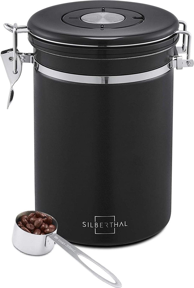 Silberthal - Koffieblik - 500 g - Koffie Bewaarbus - Voorraadpotten - Zwart - Roestvrijstaal - Luchtdicht - Cadeau