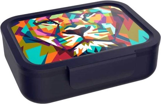 Boîte à lunch bleu foncé avec tête de lion abstraite et multicolore sur le couvercle.