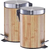 2x Licht bruine houtprint vuilnisbakken/pedaalemmers/prullenbakken 3 liter van 17 x 26 cm - Zeller - Badkamer/toiletaccessoires