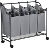 SONGMICS Wasmand op wielen, wassorteermachine met 4 afneembare stoffen zakken, wasverzamelaar, opbergruimte voor speelgoed, stevig, 4 x 35 liter, grijs