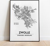 Zwolle city poster, A3 zonder lijst, plattegrond poster, woonplaatsposter, woonposter