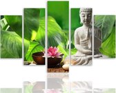 Schilderij , Boeddha tussen groene bladeren , wit groen  ,4 maten , 5 luik , wanddecoratie , Premium print , XXL