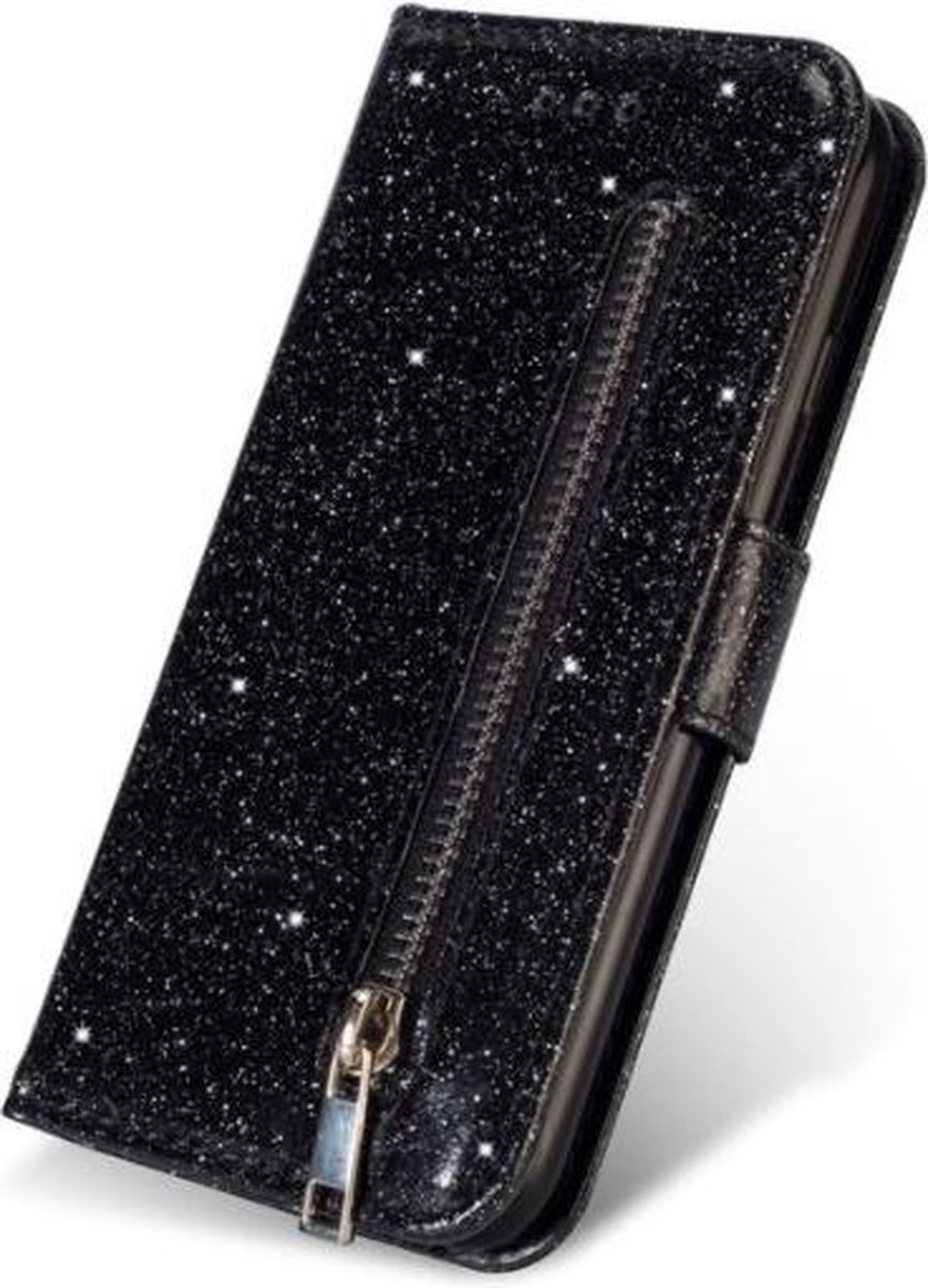 Glitter Bookcase geschikt voor Samsung Galaxy A21s | Hoogwaardig PU Leren Hoesje | Lederen Wallet Case | Telefoonhoesje | Pasjeshouder | Portemonnee | Zwart