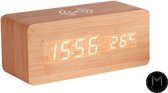 Digitale wekker met draadloze oplader | Hout look | Bamboo | Wooden Alarm Clock | Tap to Wake | Led Display | Wit led