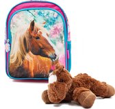 Rugtas bruin Paard - Peuter Rugzak - 29 x 23 x 14 cm - Roze - Meisjes rugtas - schooltas - incl Paarden knuffel - pluche Pony 22 cm - donker bruin