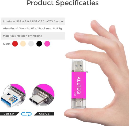 Clé USB, Dual USB, USB C, 64 GB, Rose, Allteq