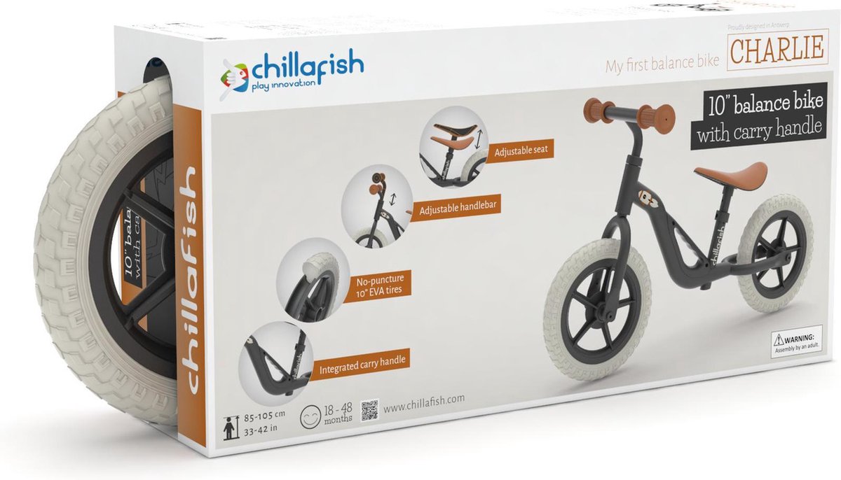Chillafish Loopfiets 2 jaar - Lichtgewicht met verstelbaar zadel en stuur - Zwart - Loopfiets voor jongens en meisjes tot 4 jaar met handvat om te dragen en anti lek banden - Model Charlie — afbeelding 8