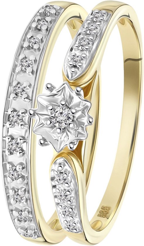 Lucardi Ringen  - Geelgouden dubbele ring met 20 diamanten