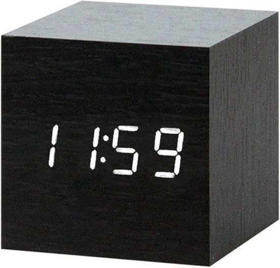 Houten wekker Kubus - Zwart - Digitale wekker - Thermometer - Dimbaar – Cube klok clock - Gratis Adapter - Draadloos
