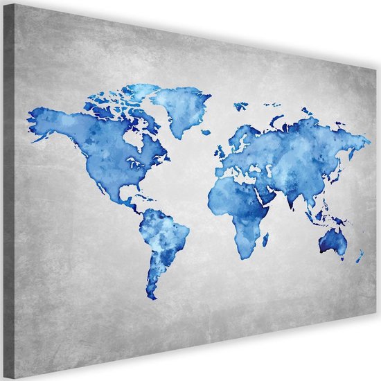 Schilderij , Blauwe kaart van de wereld , 2 maten , blauw grijs  ,wanddecoratie ,... | bol.com