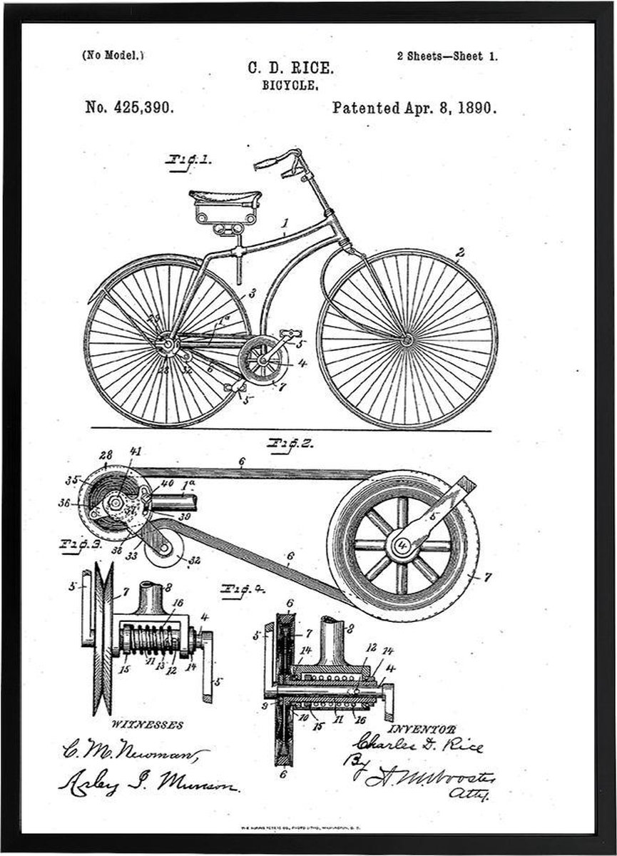 Vintage Poster Patent Fiets - Charles D. Rice - Blauwdruk Retro - Large 50x70 cm - Zwart / Wit