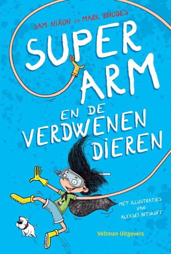 Boekcover: Een jongen met een duikbril, snorkel en zwemvliezen, met een hondje.