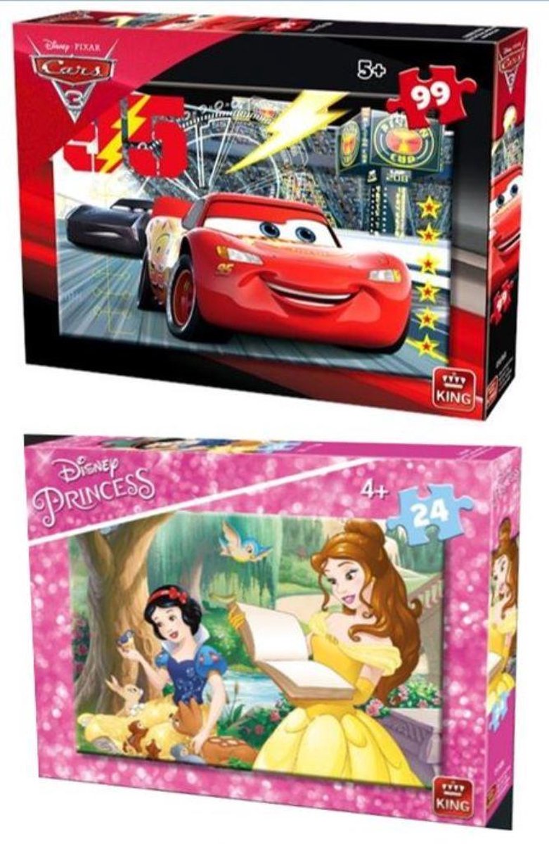 Disney puzzel pakket van twee - 1x Cars 99 stukjes - 1x Princess 24 stukjes - puzzel jongen en meisje