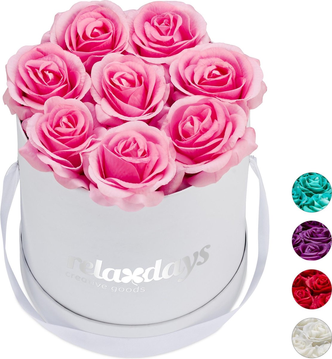 Relaxdays flowerbox 8 kunstrozen rozenbox bloemendoos wit kunstbloemen roze