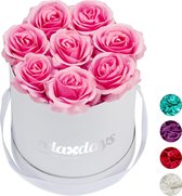 Relaxdays flowerbox - 8 kunstrozen - rozenbox - bloemendoos - wit - kunstbloemen - roze