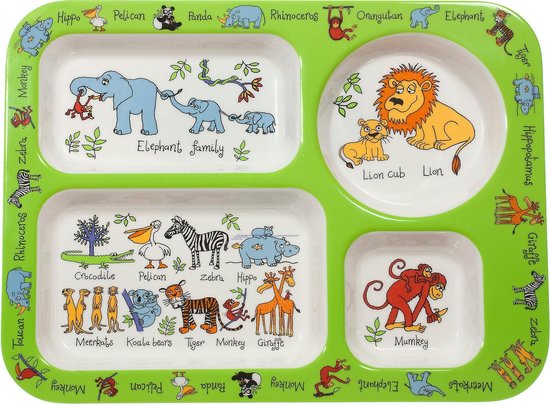 Jungle dieren kinder servies set melamine (vakjesbord + trainingsbeker + bestek) - Tyrrell Katz van Jung — afbeelding 2