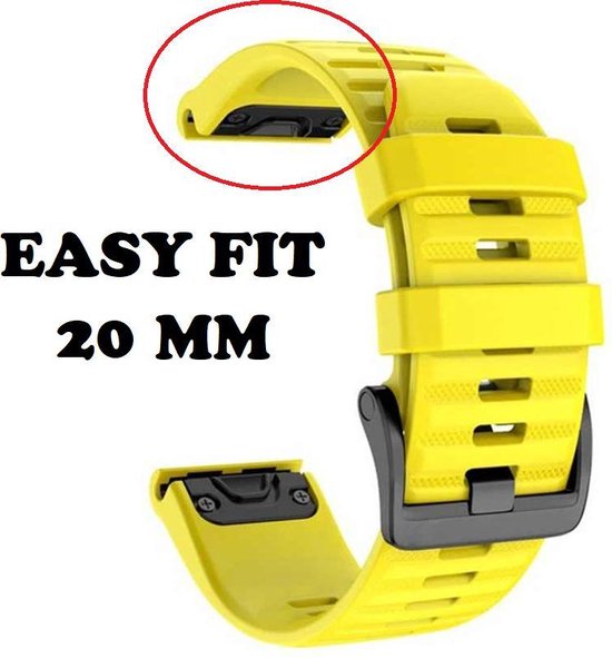 Firsttee - Siliconen Horlogeband - EASY FIT - 20 MM - Voor GARMIN - GEEL - Horlogebandjes - Quick Release - Easy Click - Garmin – Fenix 5S – Fenix 5S Plus - Fenix 6S Pro - Horloge bandje - Golfkleding - Golf accessoires – Cadeau