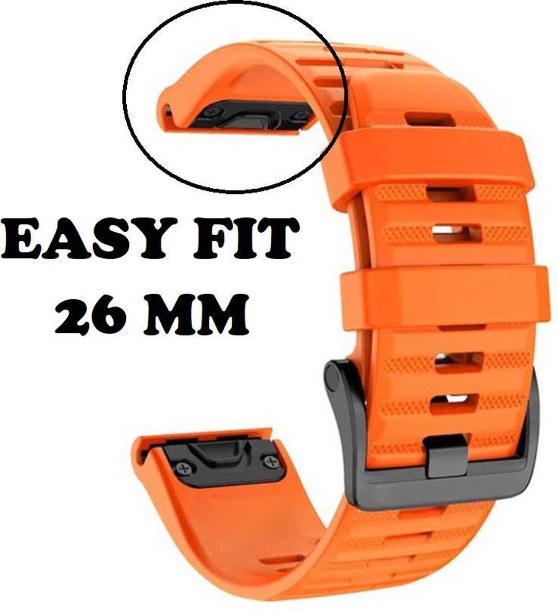 Firsttee - Siliconen Horlogeband - EASY FIT - 26 MM - Voor GARMIN - ORANJE - Horlogebandjes - Quick Release - Easy Click - Garmin – Fenix 5X – Fenix 6X - Fenix 3 - Horloge bandje - Golfkleding - Golf accessoires – Cadeau - Firsttee