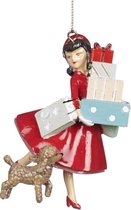 Viv! Home Luxuries Kerstornament - Shopping girl met pakjes en hond - rood - 9cm