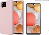 Samsung A42 Hoesje en Samsung A42 Screenprotector - Samsung Galaxy A42 Hoesje Liquid Siliconen Case Cover Hoes Roze + Screen Protector Glas