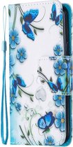iPhone 12 mini - Flip hoes, cover, case - TPU - PU Leder - Vlinders en bloemen blauw