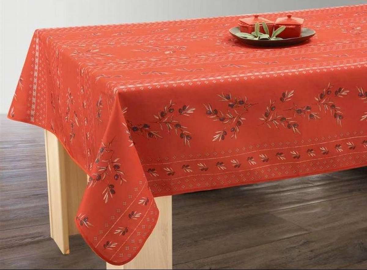 Tafelkleed anti-vlek Olivettes rouge vierkant 150 x 150 cm Tafellaken - Decoratieve Tafel Accessoires - Woonkamer Decoratie - Bonne et Plus®