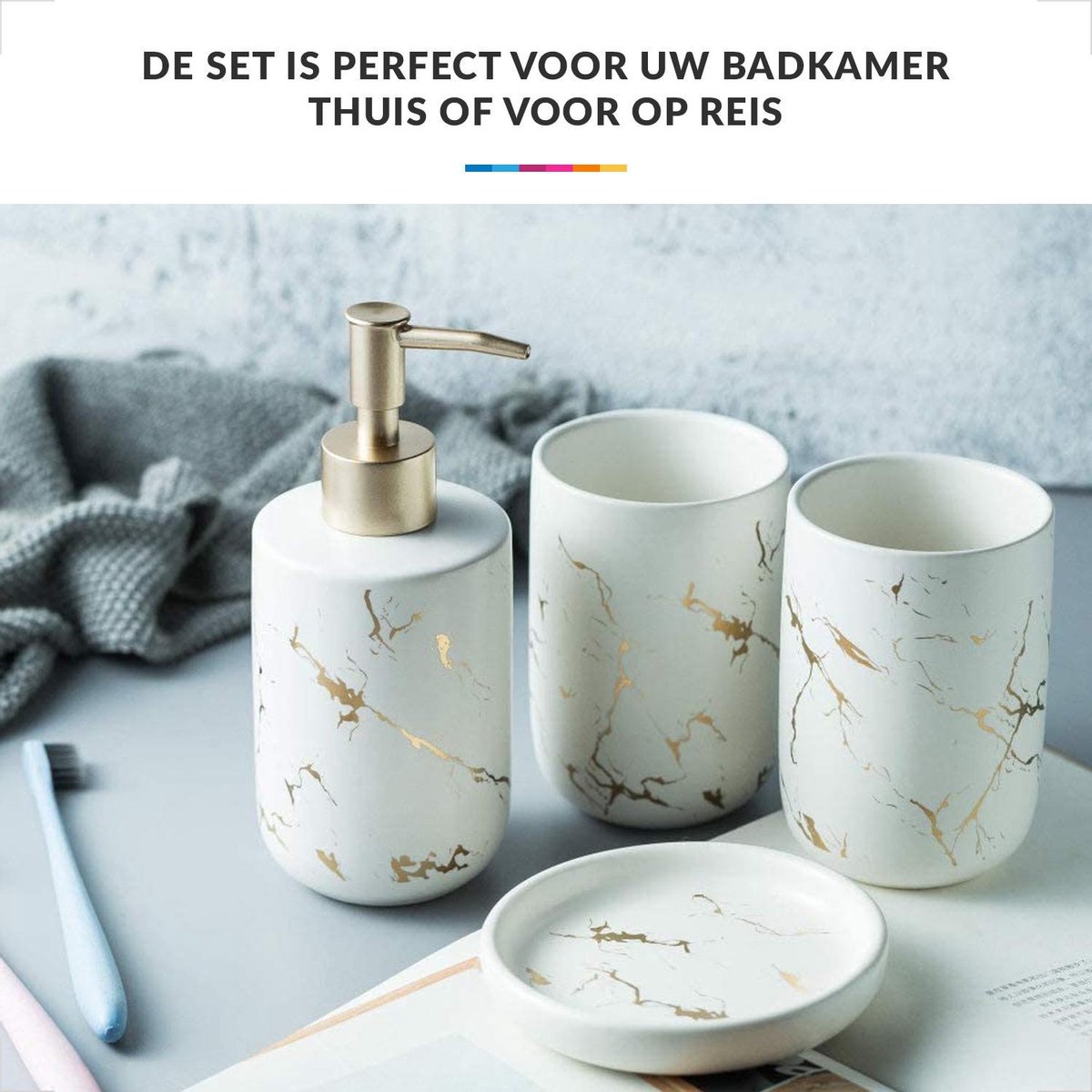 FEILANDUO Badkamer accessoires set, 4 stuks badkamer accessoire geschenk zeepdispenser en tandenborstelhouder set, zeepschaal, tandenborstel beker, moderne badkamer decor (grijs FEILANDUO Badkamer accessoires set, 4 stuks badkamer accessoire geschenk zeepdispenser en tandenborstelhouder set, zeepschaal, tandenborstel beker, moderne badkamer decor (grijs