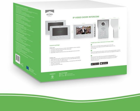 Doos van een video-intercom met beelden van de buitenpost en twee schermen waarop een vrouw staat. Afmetingen 214mm en 152mm. Tekst: Install the rain shelter for camera indoor unit on the wall.
