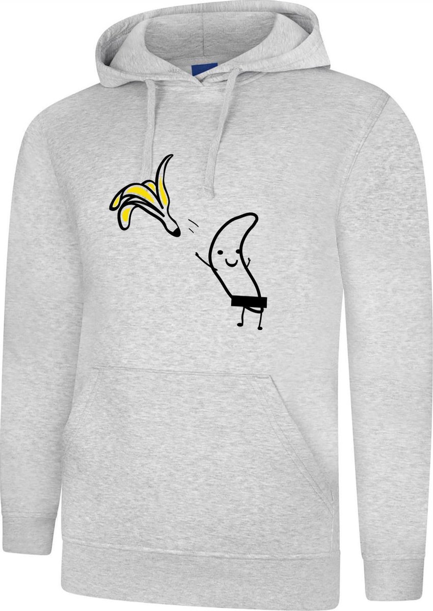 Hooded Sweater - met capuchon - Casual Hoodie - Lifestyle Hoody - Workout Sweater - Chill Sweater - Heather Grey - Strippende Banaan - Stripping Banana - Maat XS