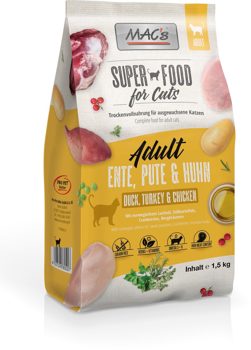 MAC's Superfood for Cats Adult Eend, Kalkoen & Kip Kattenvoer - 1,5 kg
