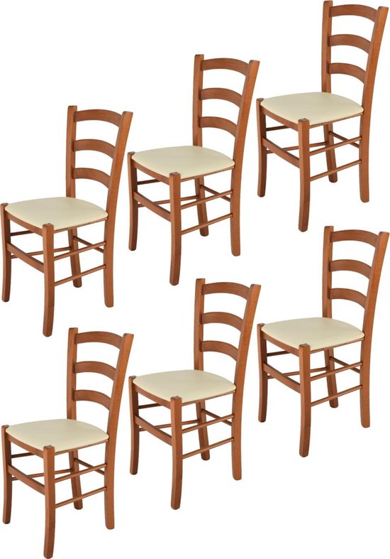 Tommychairs - Ensemble de 6 chaises modèle Venise. Très approprié pour la cuisine, la salle à manger, mais aussi pour la restauration. Structure en bois gris clair en merisier avec assise de chaise en simili cuir ivoire