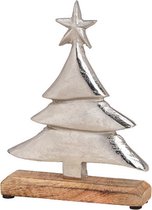 Sapin de Noël en métal argenté sur socle en bois de manguier