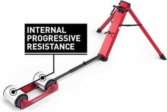 Een rode Fietstrainer met een tekstbanner 'INTERNALE PROGRESSIEVE WEERSTAND'.