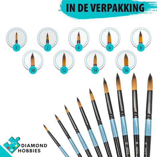 Penselen Schilderen Aquarel Diamond Hobbies | 9 Stuks | Kwasten Schilderen | Penselen Waterverf | Aquarelverf
