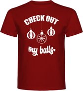 T Shirt - Foute Kerst Shirt - Casual T - Shirt - Fun Shirt - Fun Tekst - Kerstballen - Burgundy - Donker Rood - Check Out My Balls - maat XXL