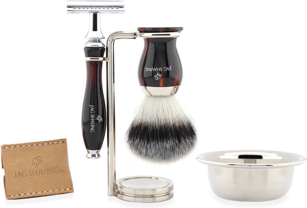 Premie Handgemaakt heren scheerset met dubbel kante veiligheidsscheermes, synthetische zilveren tip originele scheerkwast, Kom en Staan Perfecte cadeauset (Shaving Set)