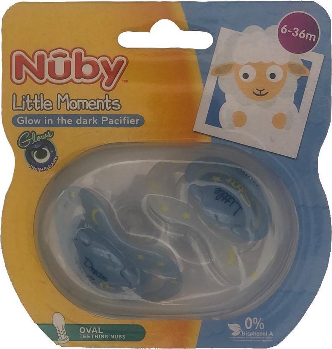 Nuby sucette phosphorescente Little Moments 0-6 mois ovale à petit prix