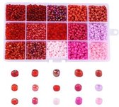 Perles de rocaille de 4 mm dans une boîte de rangement pratique | Tons roses et rouges | 15 couleurs de 12 grammes