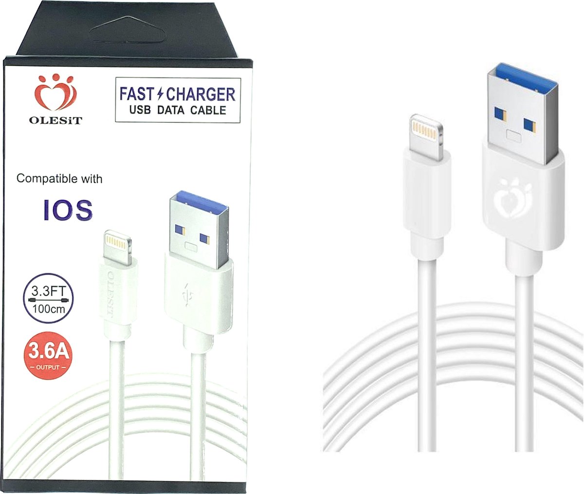 Olesit Lightning 1 Meter Fast Charge 3.6A – Snelle Oplaadkabel - Veilig laden - Data Sync & Transfer - geschikt voor iPad en iPhone - Wit