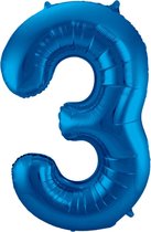 Ballon Cijfer 3 Jaar Blauw Verjaardag Versiering Blauwe Helium Ballonnen Feest Versiering 86 Cm XL Formaat Met Rietje