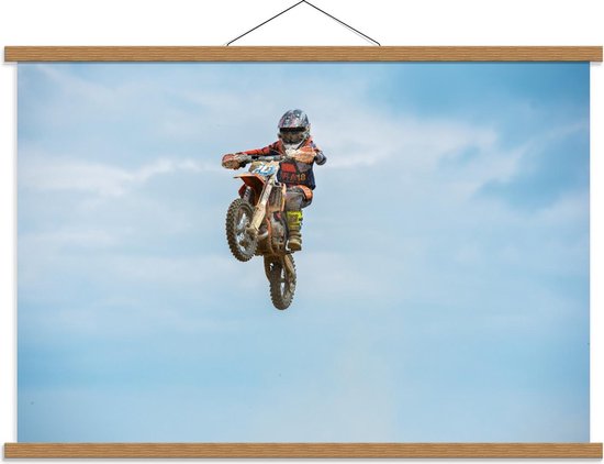 Schoolplaat – Motorcrosser in de Lucht - 90x60cm Foto op Textielposter (Wanddecoratie op Schoolplaat)