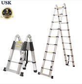 USK Telescoop Ladder - 14 treden - 2 x 7 treden - werkhoogte 4.4 meter - Met Stabilisatievoet - Telescopische - Soft closing - GRATIS TAS / HOES